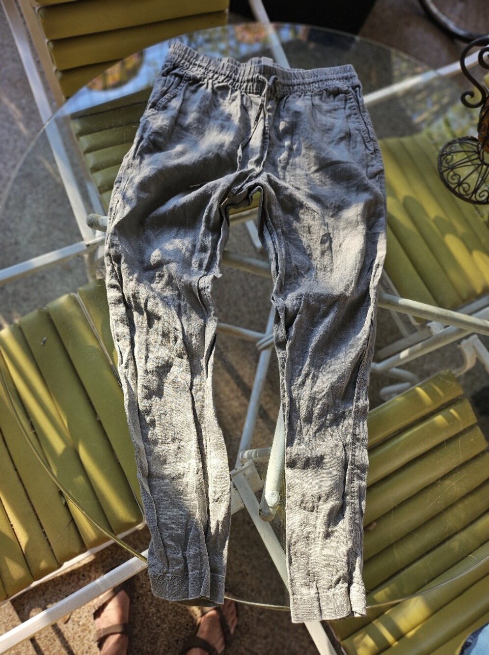 H& M Khaki Green 100% Linen Cssual Elastic Waist Trousers Pants S